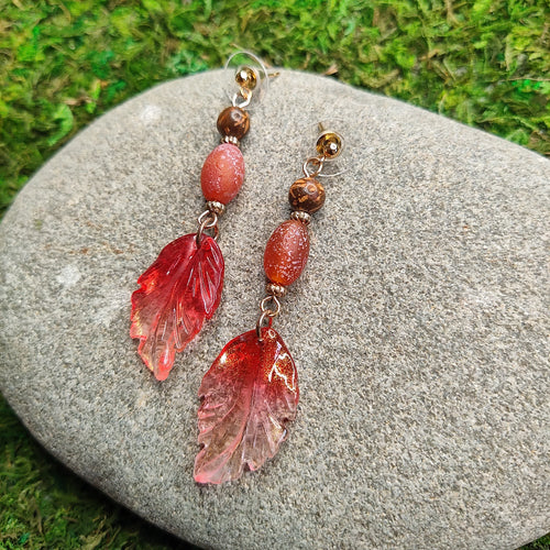Czech Glass Red Leaf with Rose Gold Plated Posts Earrings, handmade, locally made