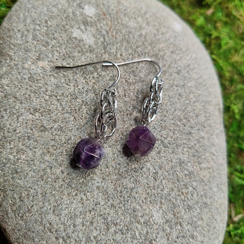 English Cut Amethyst and Chain Mail Earring, stainless steel, handmade, locally made