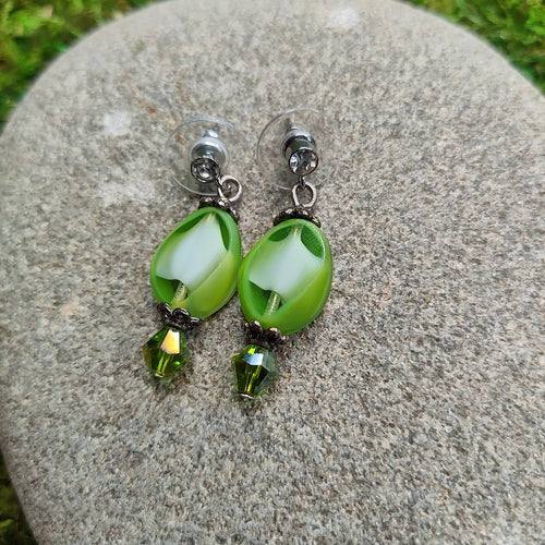 Green Czech Glass Earrings, locally made, handmade