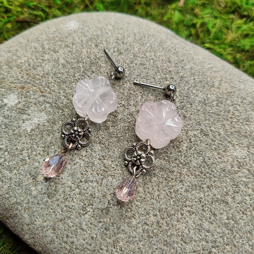 Rose Quartz Flower and Crystal Dangles, locally made, handmade, stainless steel