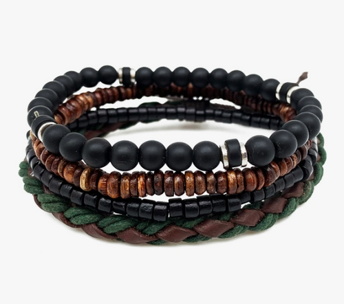 Aadi Blue Woven Navy and Black Beads Men's Bracelet Set. Made with materials such as genuine leather, jute, wood, and iron.  Aadi Men's Collection is handcrafted by artisans in India.