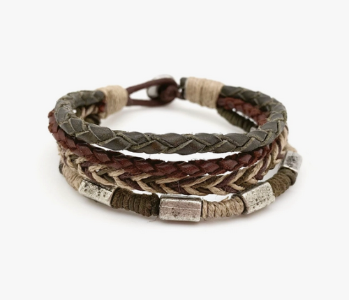 Aadi Bracelet - Green/Brown Leather and Twine. Made with materials such as genuine leather, jute, wood, and iron.  Aadi Men's Collection is handcrafted by artisans in India.