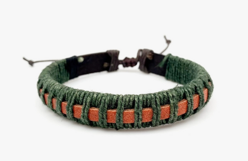 Aadi Tan Leather Green Cord Wrapped Pull Tie Bracelet. Made with materials such as genuine leather, jute, wood, and iron.  Aaadi Men's Collection is handcrafted by artisans in India.