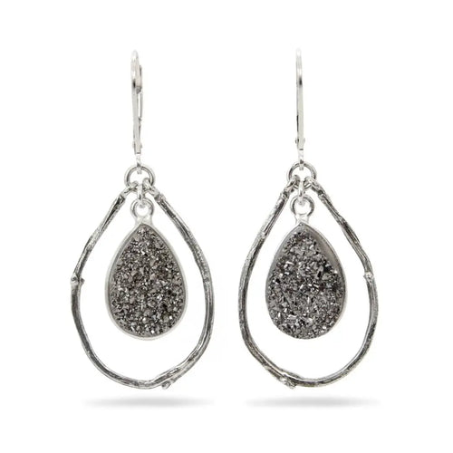 Heavenly stones sparkle and shine from the center of these druzy stone earrings. Dare to stare directly into the bezel set stones and you may find them so captivating that it will be hard to look away.  These nature inspired earrings use willow branch molds to create the fine sterling silver branches of the outer layer, making the earthly and the divine dwell together.  Details Length: 1 3/4