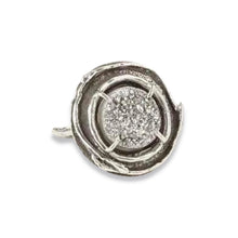 Load image into Gallery viewer, Stare steadily into the eye of this fascinating sterling silver ring, and you will see why it is so hard to turn away. Enchanting druzy stones are ensconced within in a swirl of branch-like silver. This unique handcrafted Boho style ring is made to be adjustable. Details Head: 1&quot; diameter Ring shank: Adjustable  Material: Recycled sterling silver, druzy Made in United States.
