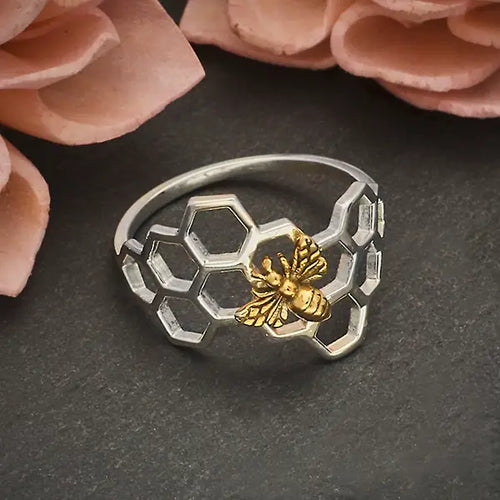 Sterling Silver Honeycomb Ring with Bronze Bee Nina designs