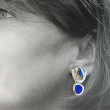 Load image into Gallery viewer, Gorgeous Japanese blue birds hand-cut from a vintage porcelain tea pot are set in these hinged post earrings of sterling and fine silver with azure blue frosted hand-cut glass.  1 3/4” long x 1/2” wide
