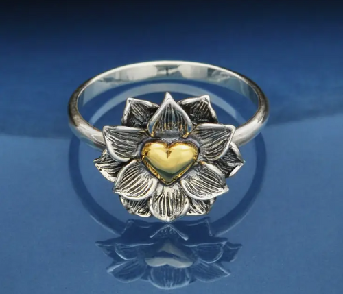 Sterling Silver Lotus Ring with Bronze Heart Nina Designs