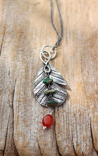 Load image into Gallery viewer,  This beauty hangs from a 34&quot; Sterling Silver, Oval Linked chain and the split leaf charm with the bail is about 2&quot; long.  Materials  Sterling Silver, Recycled Sterling Silver, Precious Metal Clay, Handmade Leaf Charm, Wire-Wrapped Turquoise Stones, Carnelian Stone, 34&quot; Sterling Silver Chain, Sterling Silver Lobster Claw Clasp, Nature Inspirations 
