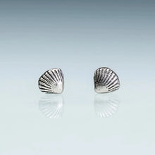 Load image into Gallery viewer, These Tiny Clam Shell Stud Earrings are the perfect gift for yourself or a mer-friend. They are made from a mold of a baby Clam shell.  solid recycled metal. 
