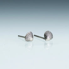 Load image into Gallery viewer, These Tiny Clam Shell Stud Earrings are the perfect gift for yourself or a mer-friend. They are made from a mold of a baby Clam shell. solid recycled metal.
