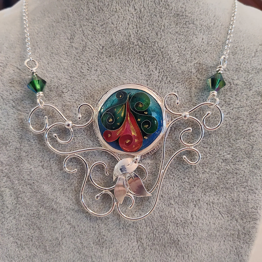 Cloisonne with Gold and Silver Filigree Swarovski Crystal Sterling Silver Jewelry By Jo