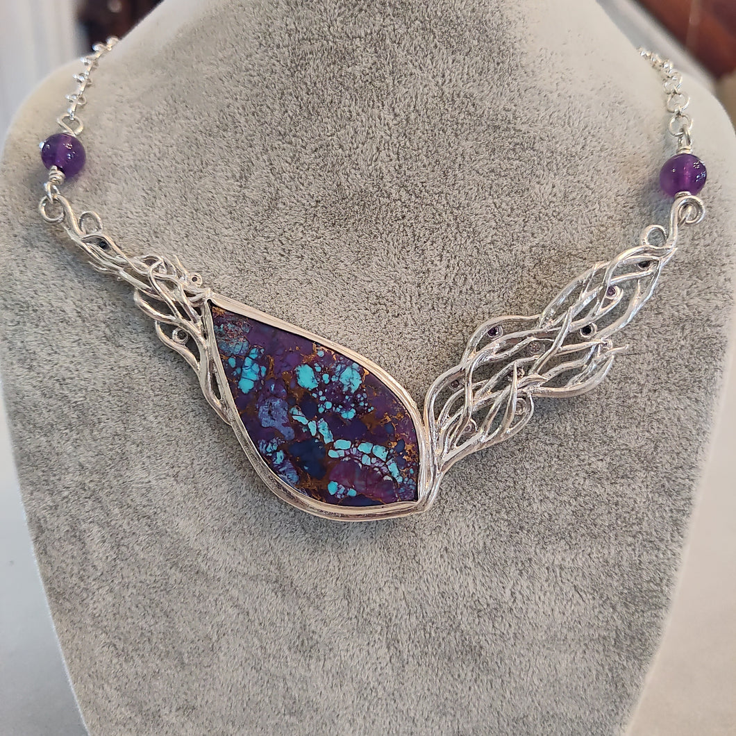 Magenta Turquoise  with Amethyst and CZ Raw Silver Clay Sterling Silver Jewelry By Jo