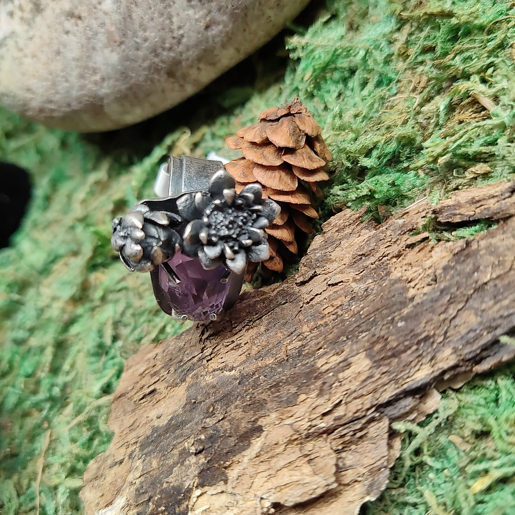Amethyst with Two Succulents Ring April Ottey, oxidized sterling silver.  