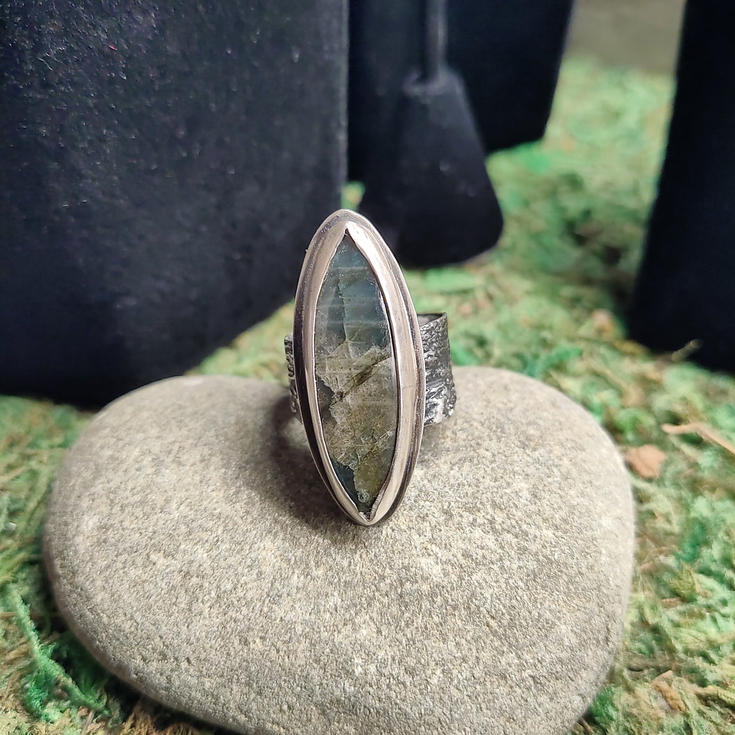 Labradorite and Bark Ring April Ottey, sterling silver.