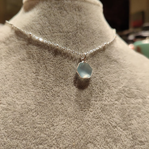 Dainty Faceted Aqua Chalcedony Hexagon Necklace