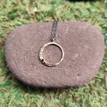 Load image into Gallery viewer, New Moon Necklace, mixed: black diamonds Materials: sterling silver,14k, black diamonds Dimensions: 5/8&quot; pendant,16-18&quot; chain Description: textured full crescent pendant
