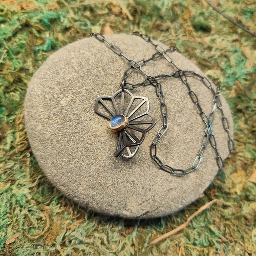 origami necklace, recycled metals, moonstone, sterling silver
