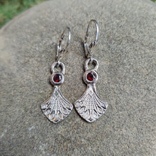 Load image into Gallery viewer, Fine silver clay drop earrings with garnet, handmade, art deco
