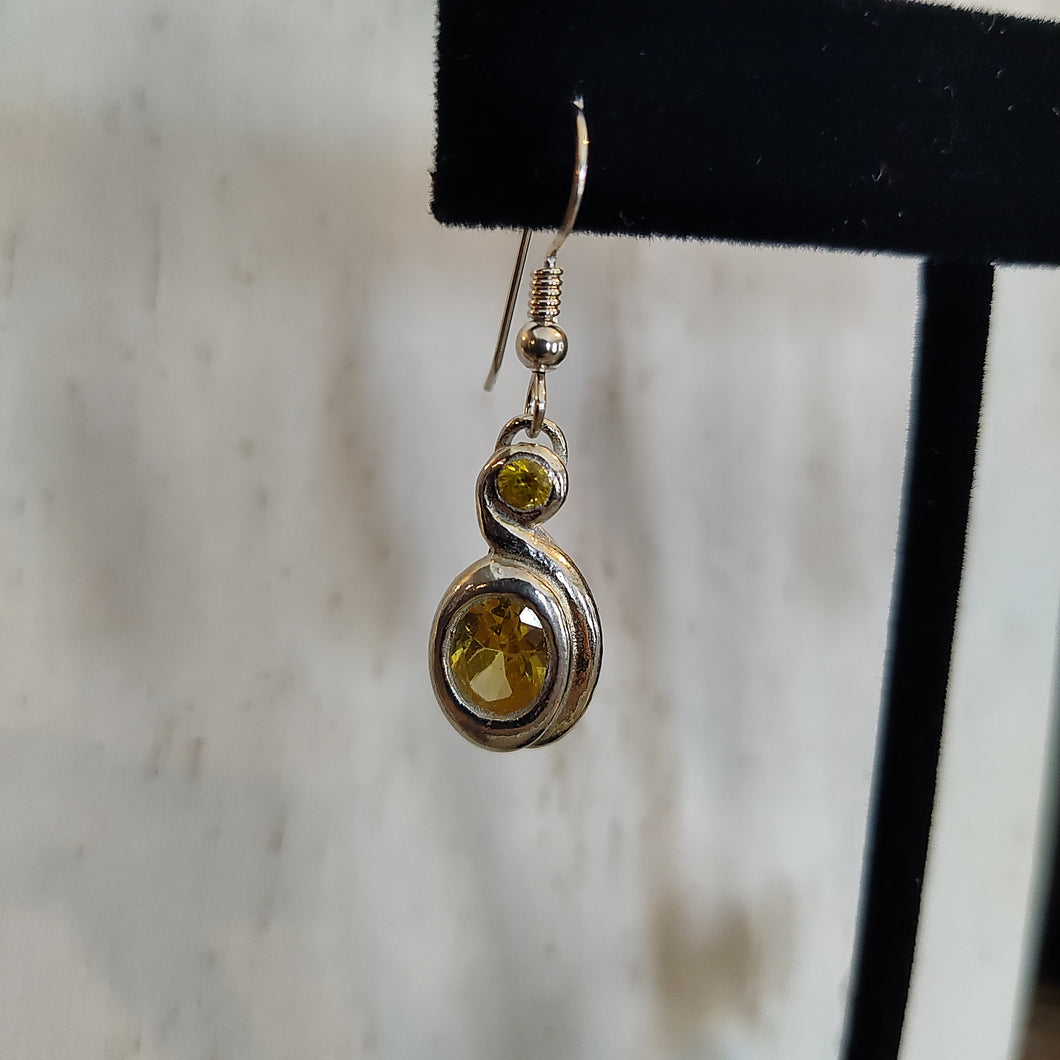 Fine silver clay drop earrings with yellow cubic zirconium, handmade