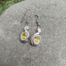 Load image into Gallery viewer, Fine silver clay drop earrings with yellow cubic zirconium, handmade
