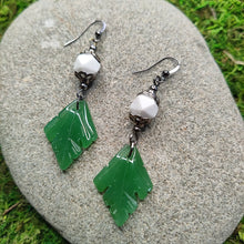 Load image into Gallery viewer, Adventurine Stone Carved and English Cut Howlite Earrings, gun metal, handmade, locally made
