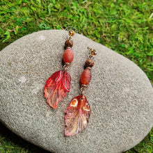 Load image into Gallery viewer, Czech Glass Red Leaf with Rose Gold Plated Posts Earrings, handmade, locally made
