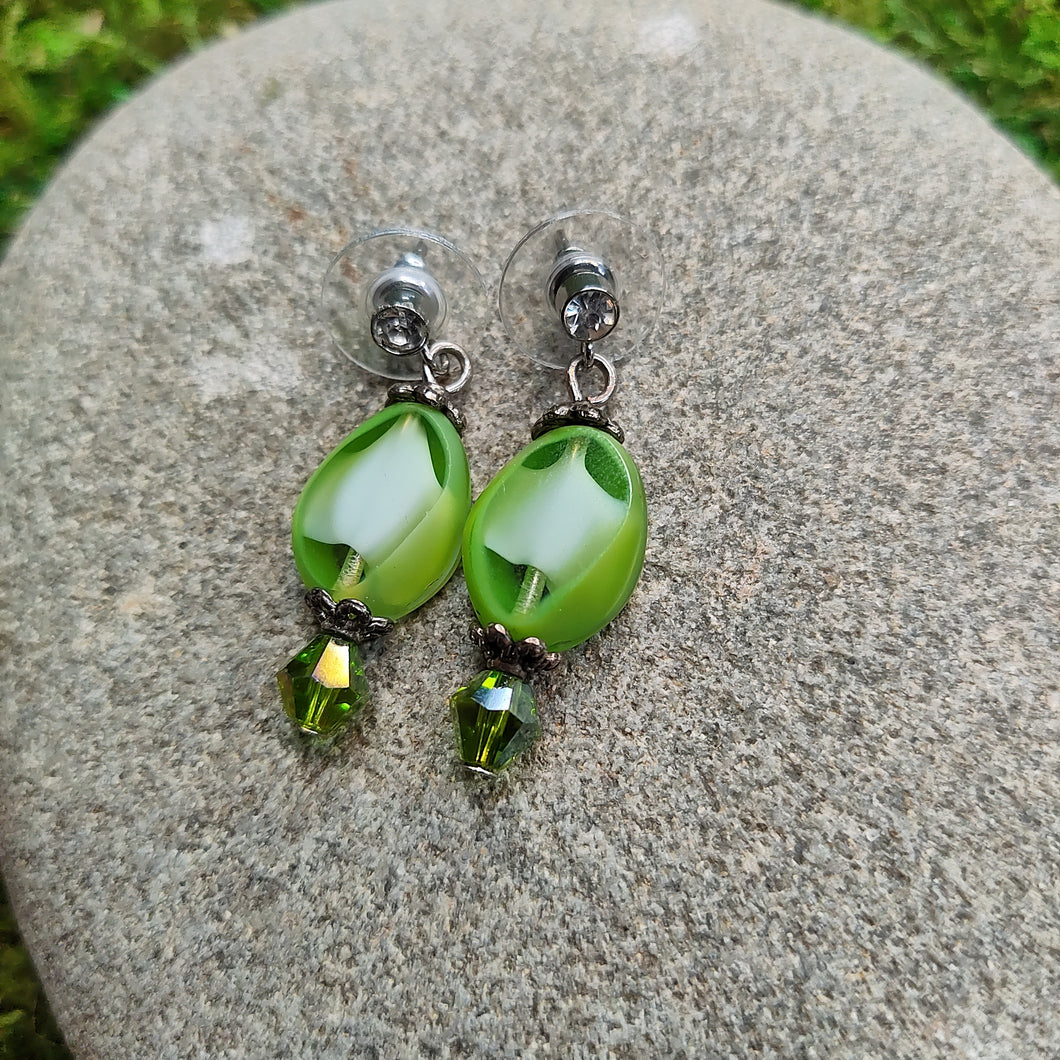 Green Czech Glass Earrings, locally made, handmade