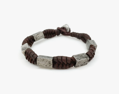 Aadi Bracelet - Brown Braided Leather with Metal Beads. Made with materials such as genuine leather, jute, wood, and iron.  Aadi Men's Collection is handcrafted by artisans in India.