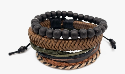 Aadi Bracelet Bundle Black Stone Beads, Leather, Mixed Wrap. Made with materials such as genuine leather, jute, wood, and iron.  Aadi Men's Collection is handcrafted by artisans in India.