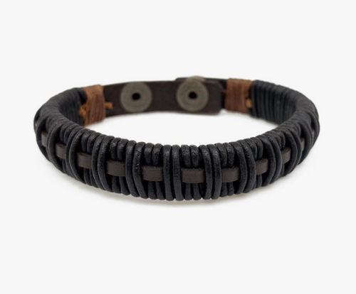 Aadi Brown and Black Woven Leather Snap Men's Bracelet. Made with materials such as genuine leather, jute, wood, and iron.  Aadi Men's Collection is handcrafted by artisans in India.