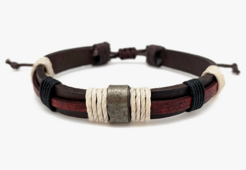 Aadi Red & Brown Leather Cream Twine Pull Tie Men's Bracelet. Made with materials such as genuine leather, jute, wood, and iron.  Aaadi Men's Collection is handcrafted by artisans in India.