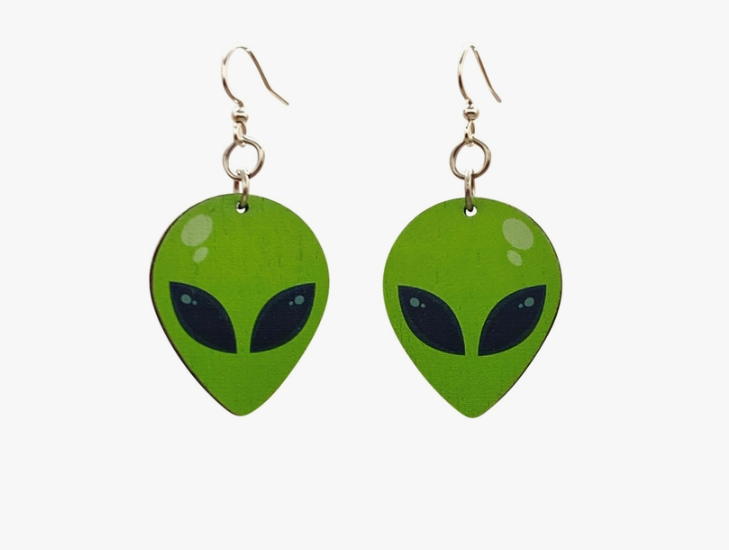 Alien Earrings made from sustainably sourced wood. Laser-cut wood that is extremely lightweight Ear wires are silver-finished 304L stainless steel, hypoallergenic Doubles as an essential oil diffuser! Just add desired oil to natural wood back!