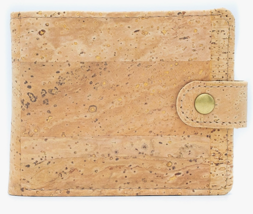 All natural original Cork Men Wallet with Snap Button BAG-20. Sleek bifold Cork Wallet for Men, the tactile piece you can keep in your front pocket. It can hold 6 bank cards, +1 ID/photo slot, 2 cash pockets, and one snap buttoned coin pocket.  Dimensions - Height: 9 cm/ 3.5