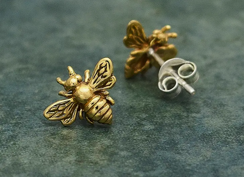 Bee Stud Earrings 9x11mm / Bronze gold plate is 40 micro inches of 98.5% pure gold plated over sterling silver with a fine layer of nickel in between.