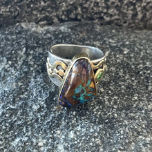 Load image into Gallery viewer, Boulder Opal Mixed Metal Band - triangle shape (peridot), Statement Ring, 18k gold, sterling silver, purple gem
