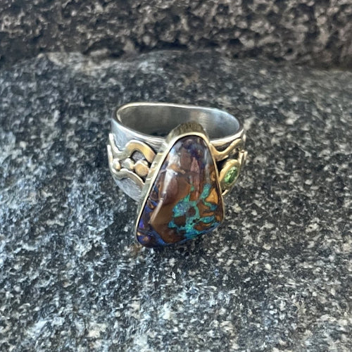 Boulder Opal Mixed Metal Band - triangle shape (peridot), Statement Ring, 18k gold, sterling silver, purple gem