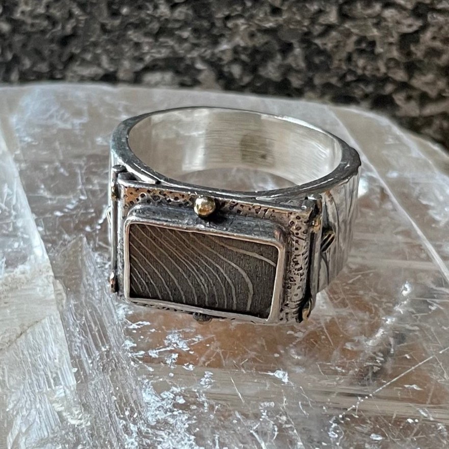 Gibeon Meteorite and Damascus Steel Solid Patterned Band, sterling silver, statement ring, statement jewelry