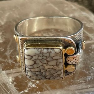 Dinosaur Bone Buckle Ring-white and black (Unisex), Sterling Silver , Statement Jewelry, Statement Ring , 18k gold