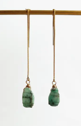 Threader Earrings, emerald, 14k gold filler.