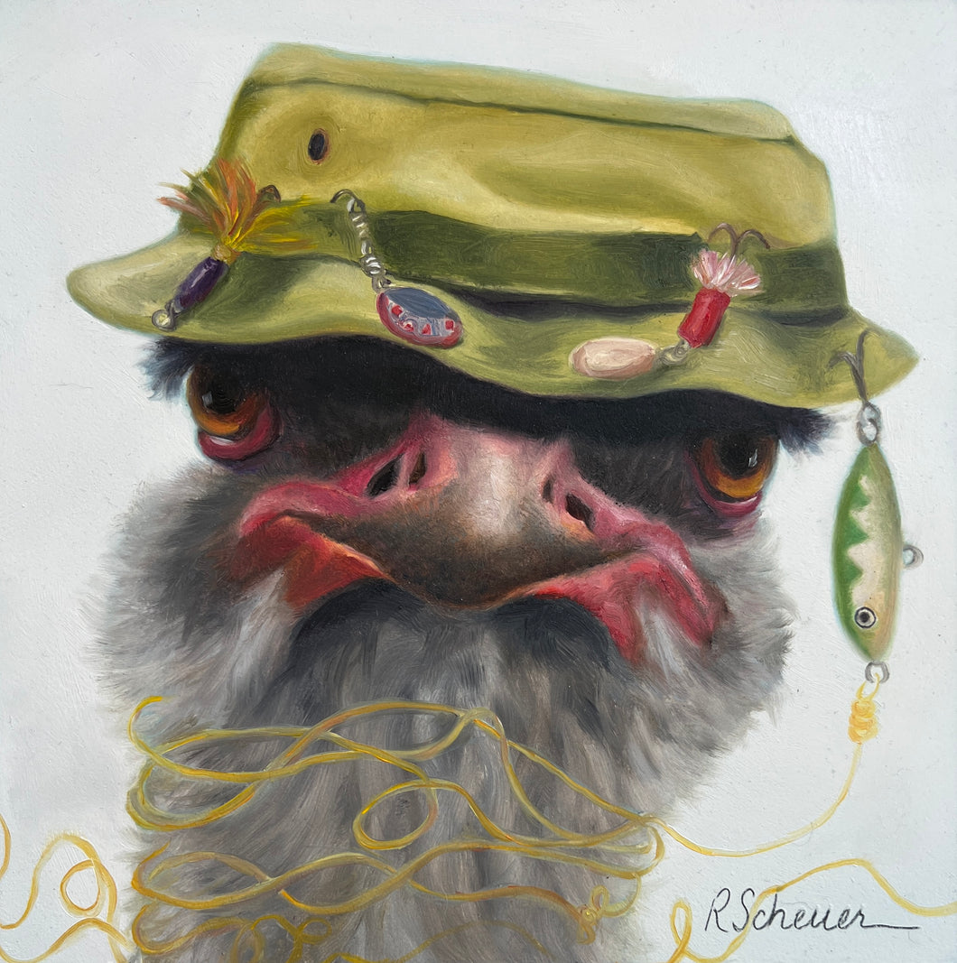 Grumpy Old Fisherman ostrich print by Rebecca Scheuer