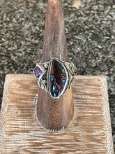 Load image into Gallery viewer, Boulder Opal and Purple Tanzanite Mixed Metal Band, 18k Gold, Sterling silver, Statement Jewelry, purple gem
