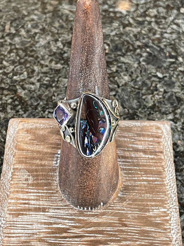Boulder Opal and Purple Tanzanite Mixed Metal Band, 18k Gold, Sterling silver, Statement Jewelry, purple gem