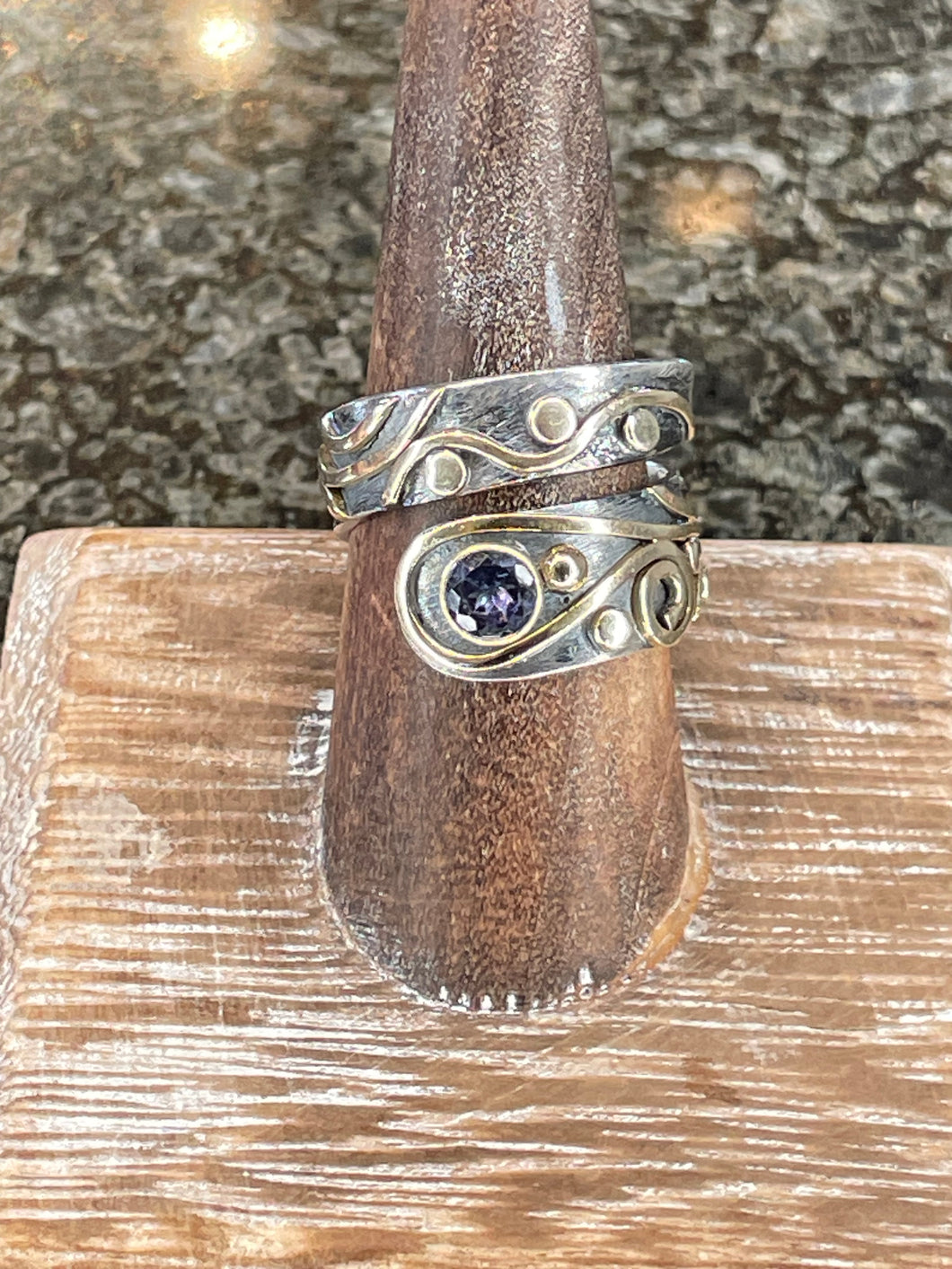 Wrap ring-adjustable/tanzanite, sterling silver, 18k gold, purple gem