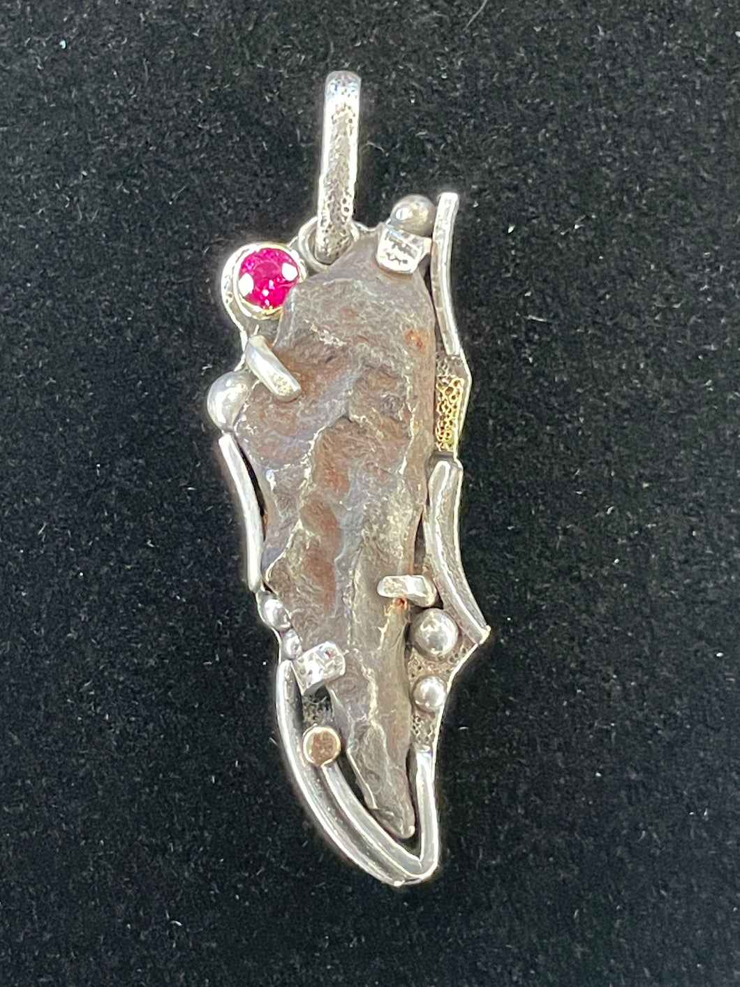 Meteorite and Red Sapphire Pendant, sterling silver, statement jewelry