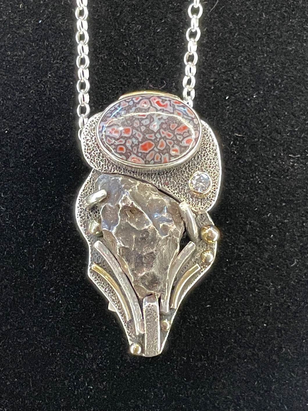 Meteorite, Dinosaur Bone, and Diamond Pendant and Chain, statement necklace, statement jewelry 