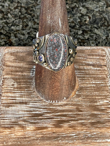 Dinosaur Bone and Tanzanite Swirl Ring, Statement Ring, Statement Jewelry, Sterling Silver