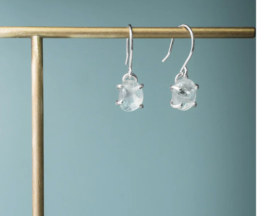 Silver Cape May Diamond Dangles - Prong Set Tumbled Beach Stone Hook Earrings