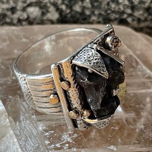 Space Elegance Ring - Meteorite and Diamond - I, sterling silver, 18k gold , statement ring , statement jewelry