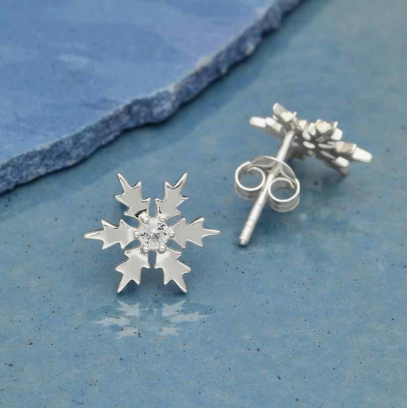 Sterling Silver Snowflake Post Earrings with Nanogem 11x11mm